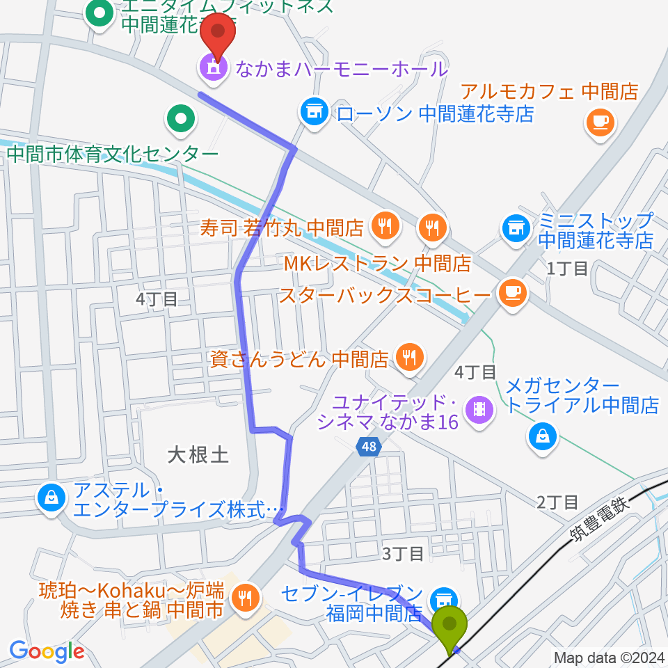 東中間駅からなかまハーモニーホールへのルートマップ地図