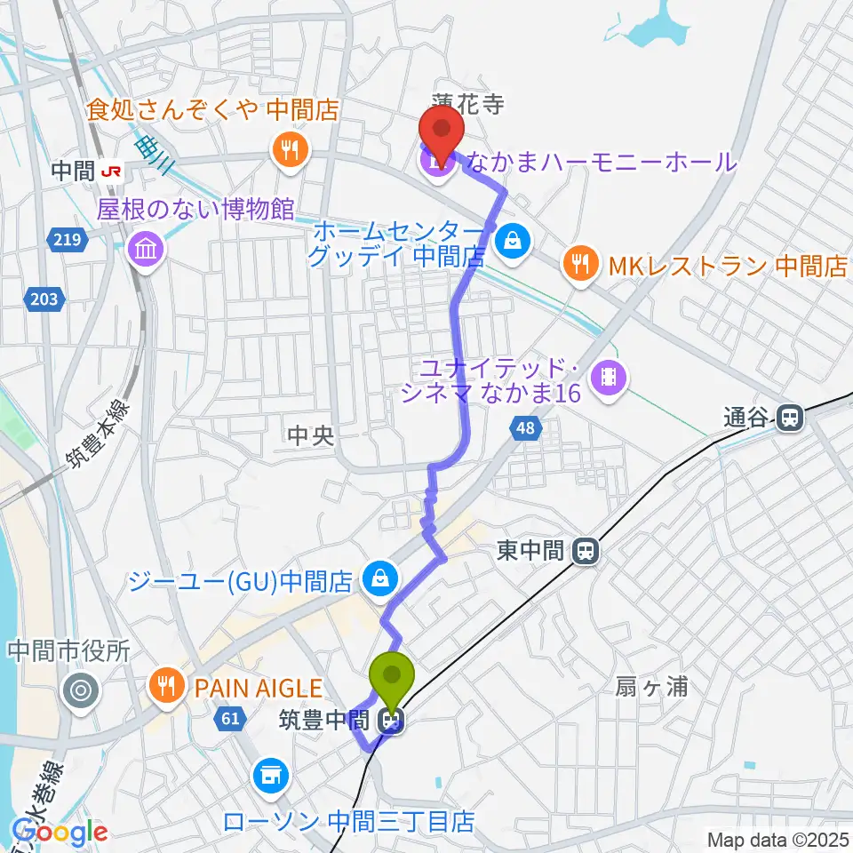 筑豊中間駅からなかまハーモニーホールへのルートマップ地図