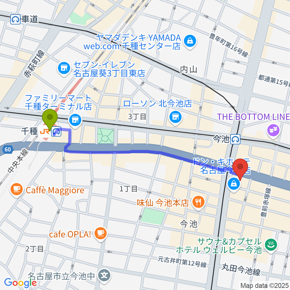 千種駅から村松楽器 名古屋店へのルートマップ地図