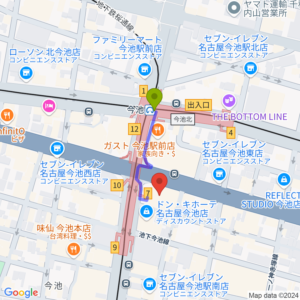 村松楽器 名古屋店の最寄駅今池駅からの徒歩ルート（約2分）地図