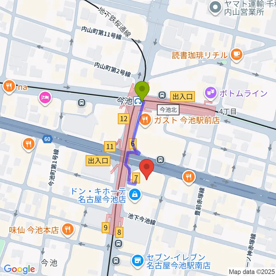 村松楽器 名古屋店の最寄駅今池駅からの徒歩ルート（約2分）地図