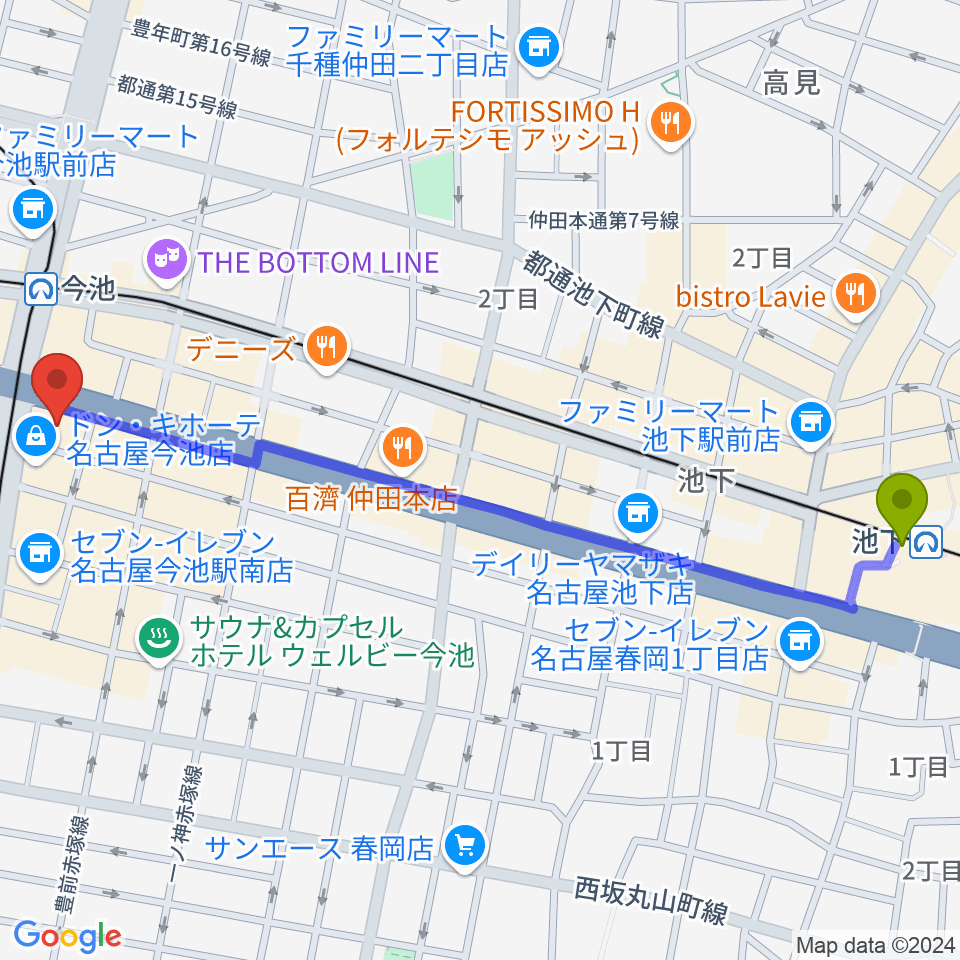 池下駅から村松楽器 名古屋店へのルートマップ地図