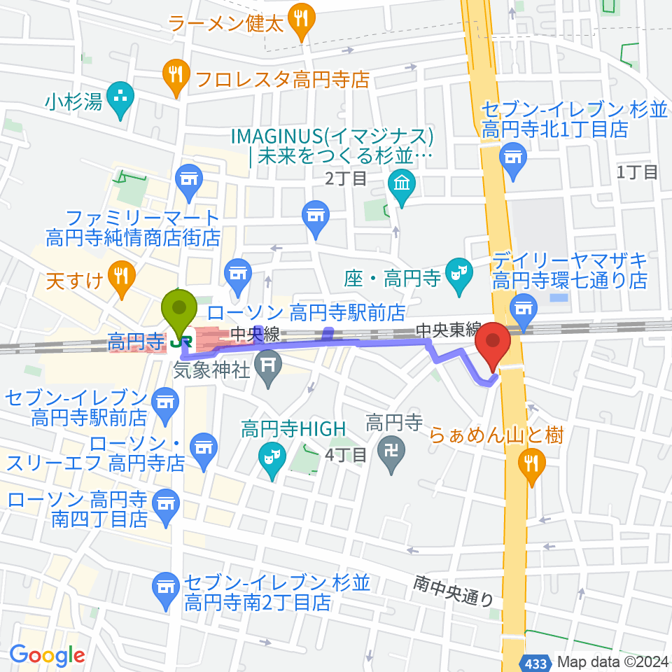 高円寺STUDIO Kの最寄駅高円寺駅からの徒歩ルート（約7分）地図