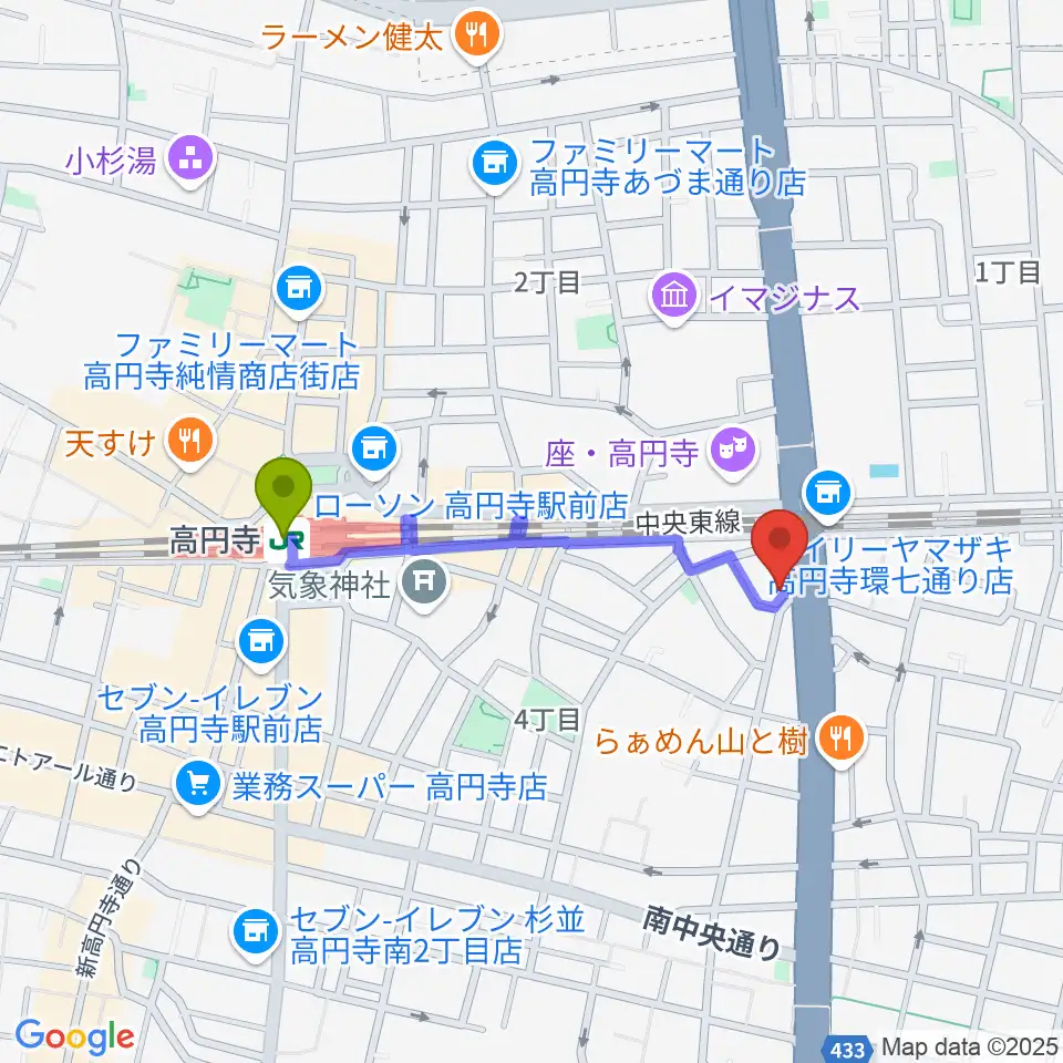 高円寺STUDIO Kの最寄駅高円寺駅からの徒歩ルート（約7分）地図