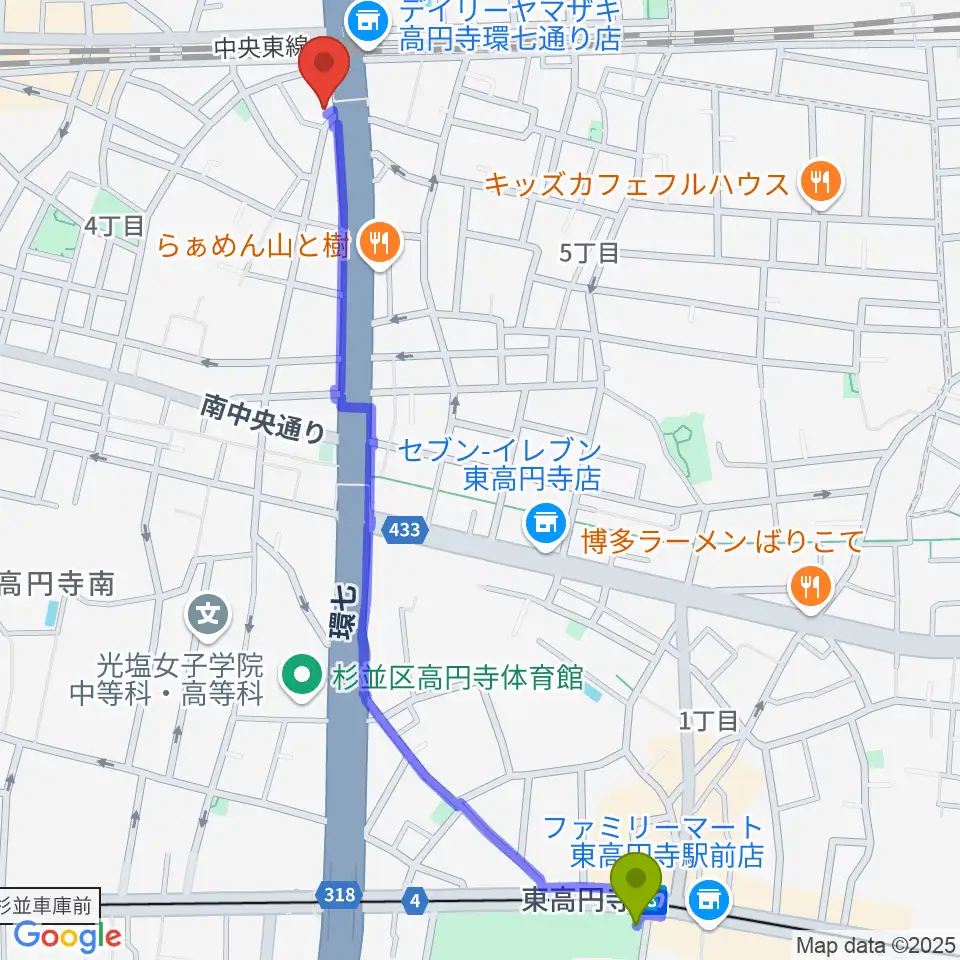 東高円寺駅から高円寺STUDIO Kへのルートマップ地図