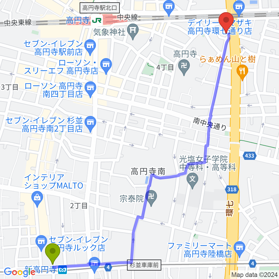 新高円寺駅から高円寺STUDIO Kへのルートマップ地図