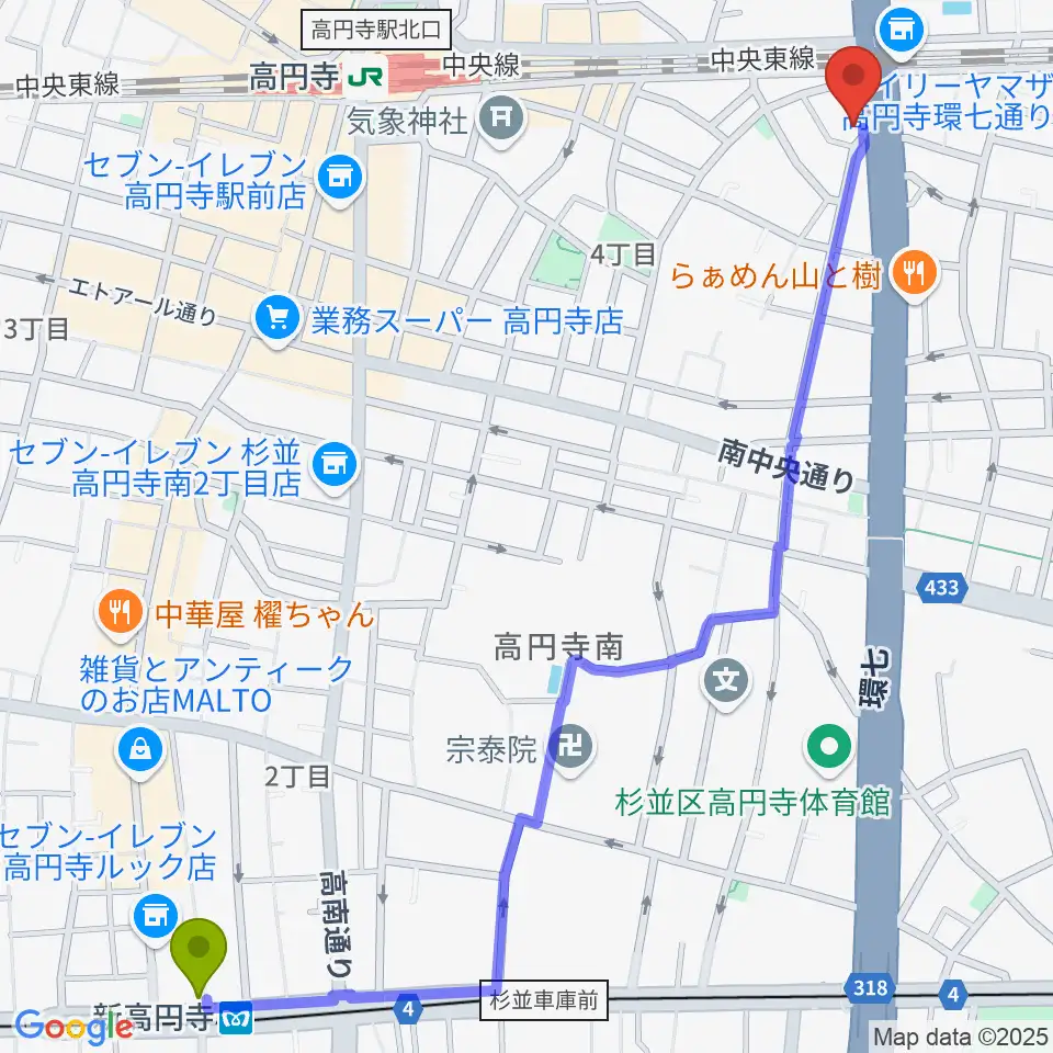 新高円寺駅から高円寺STUDIO Kへのルートマップ地図