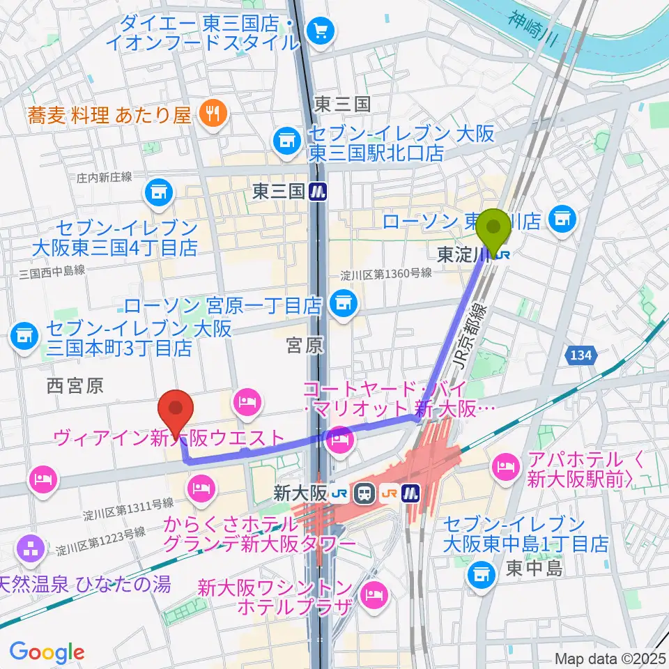 東淀川駅から村松楽器 大阪店へのルートマップ地図