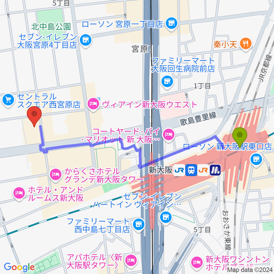 村松楽器 大阪店の最寄駅新大阪駅からの徒歩ルート（約12分）地図