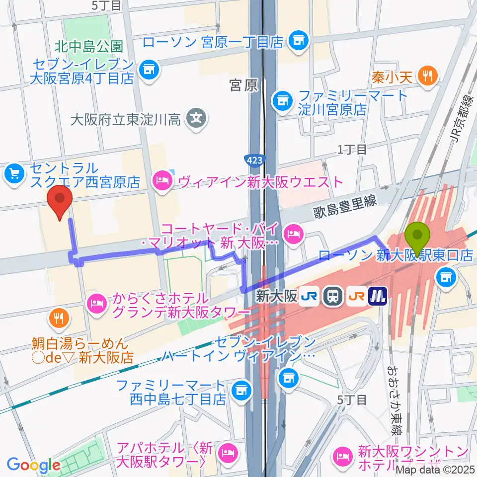 村松楽器 大阪店の最寄駅新大阪駅からの徒歩ルート（約12分）地図