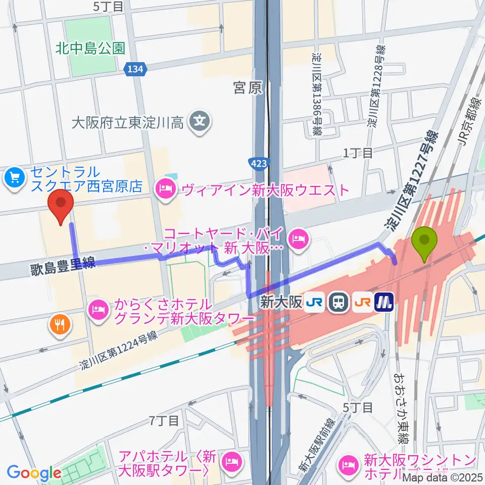 村松楽器 大阪店の最寄駅新大阪駅からの徒歩ルート（約12分）地図