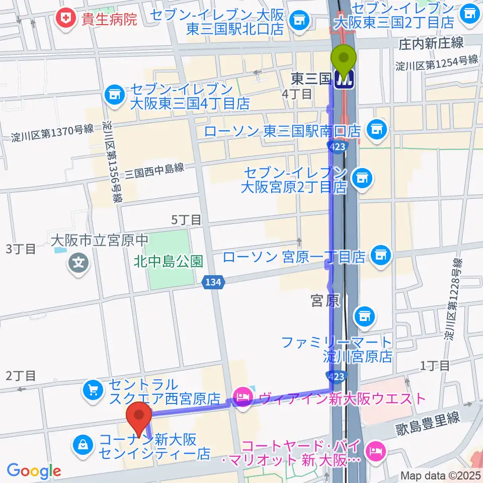 東三国駅から村松楽器 大阪店へのルートマップ地図