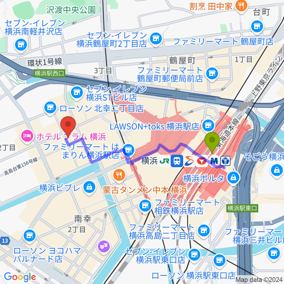 ムラマツ・フルート・レッスンセンター横浜の最寄駅横浜駅からの徒歩ルート（約8分）地図