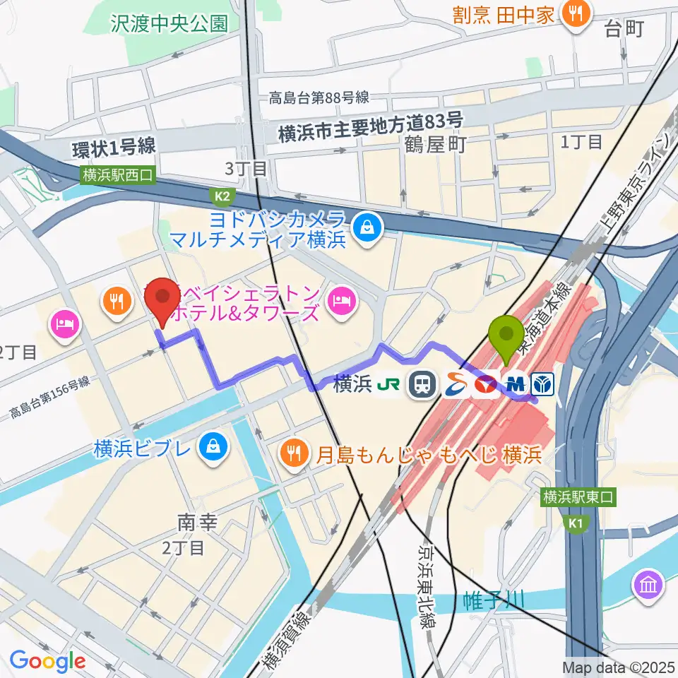ムラマツ・フルート・レッスンセンター横浜の最寄駅横浜駅からの徒歩ルート（約8分）地図