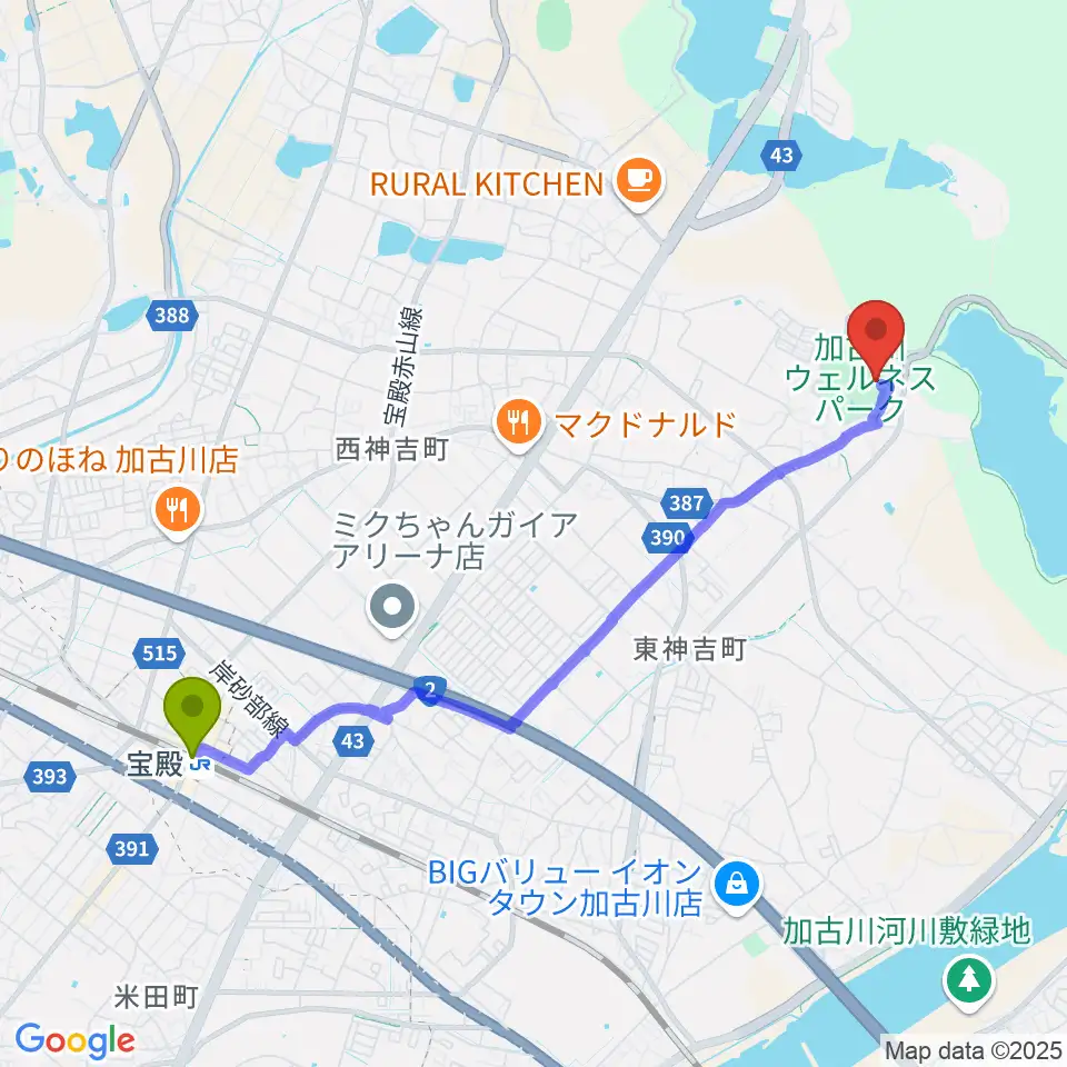 宝殿駅から加古川ウェルネスパーク アラベスクホールへのルートマップ地図