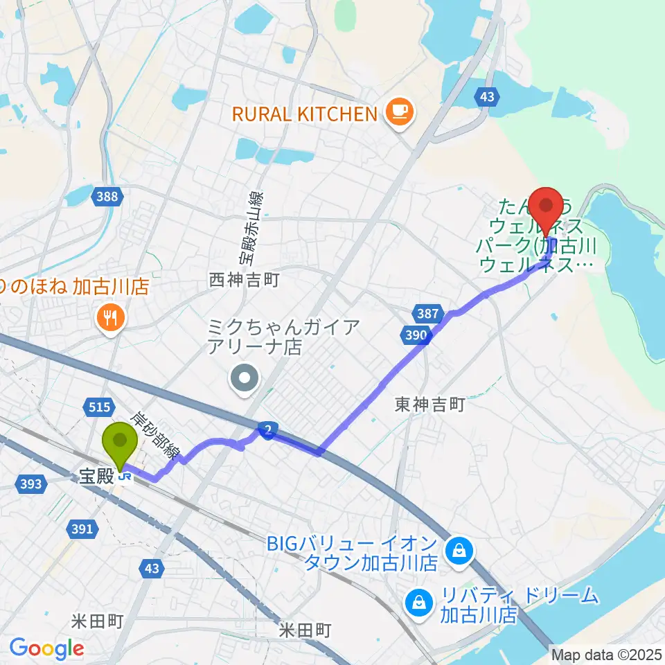 宝殿駅からたんようウェルネスパーク アラベスクホールへのルートマップ地図