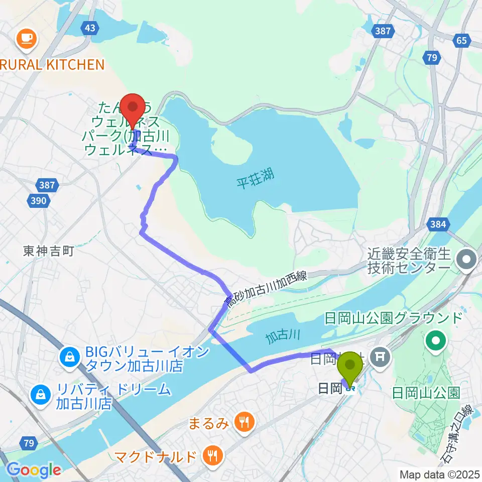 たんようウェルネスパーク アラベスクホールの最寄駅日岡駅からの徒歩ルート（約44分）地図