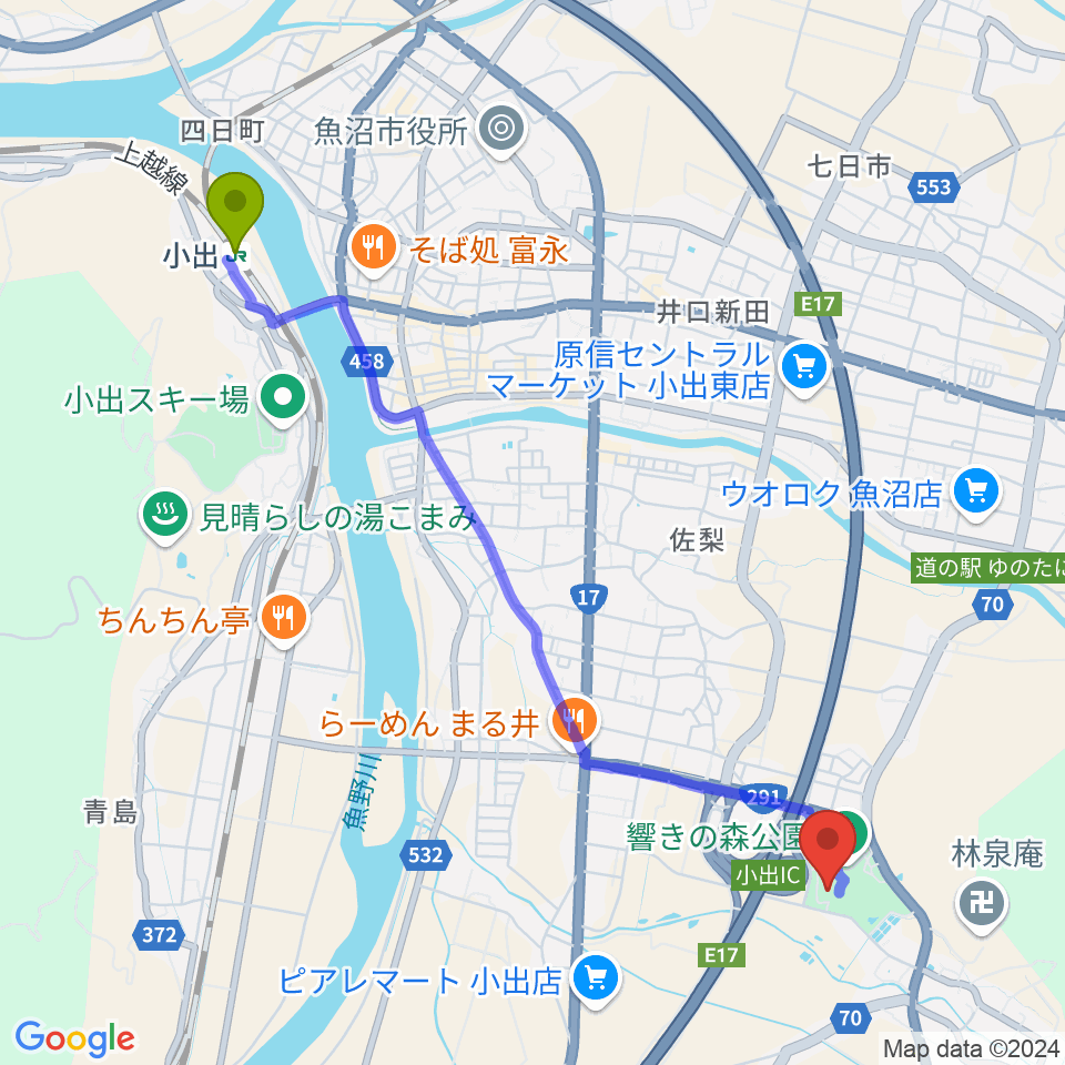 魚沼市小出郷文化会館の最寄駅小出駅からの徒歩ルート（約50分）地図