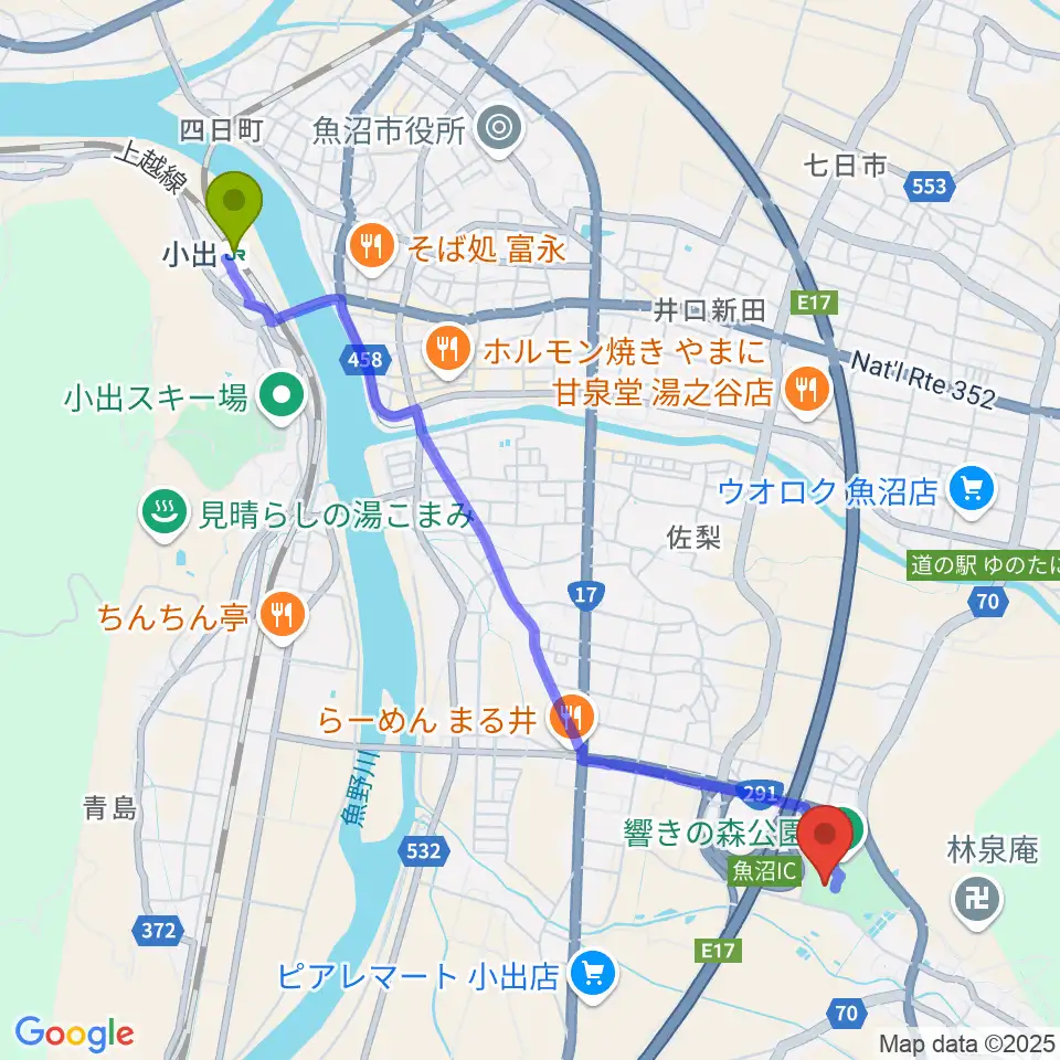 魚沼市響きの森文化会館の最寄駅小出駅からの徒歩ルート（約50分）地図