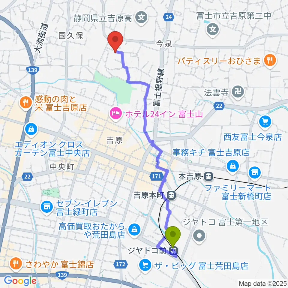 ジヤトコ前（ジヤトコ１地区前）駅から音楽教室メロディーアへのルートマップ地図