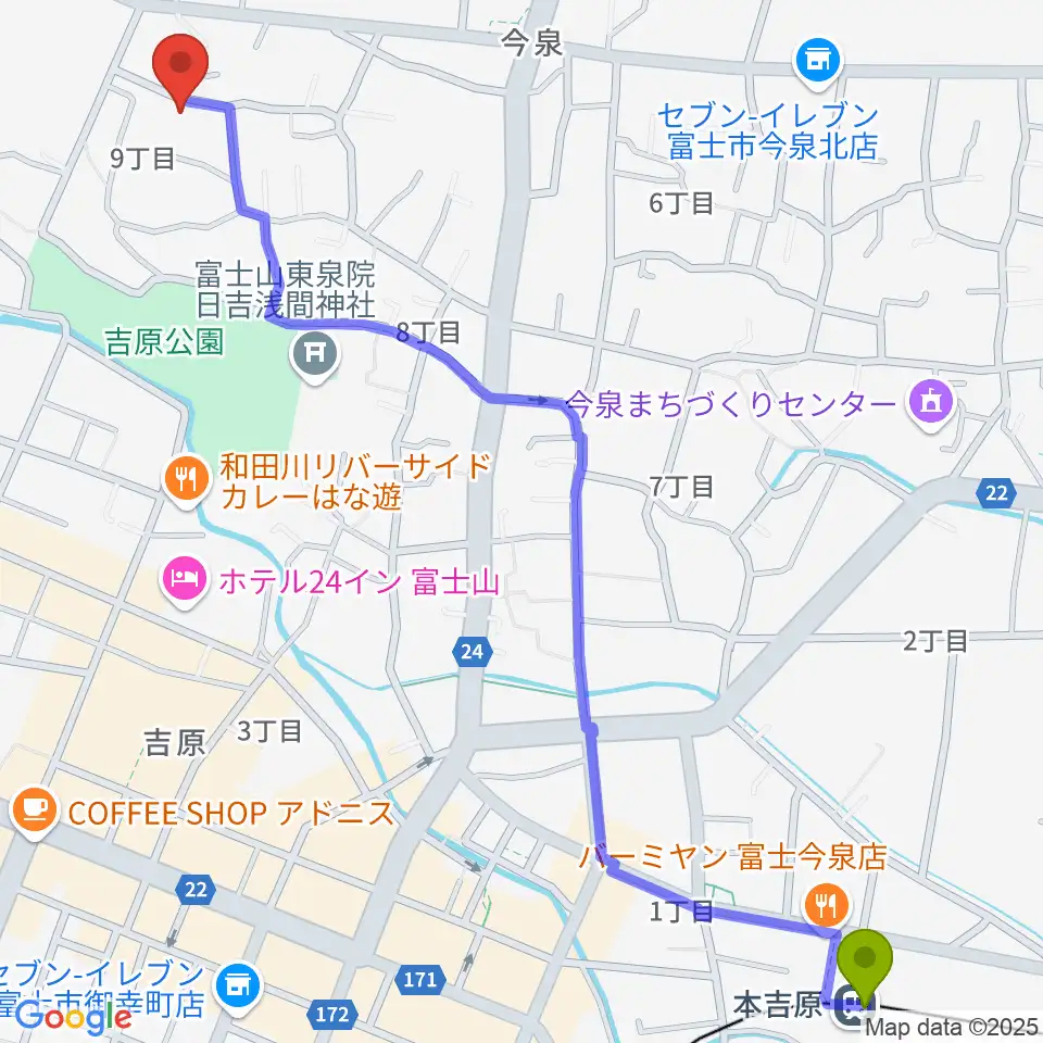 本吉原駅から音楽教室メロディーアへのルートマップ地図