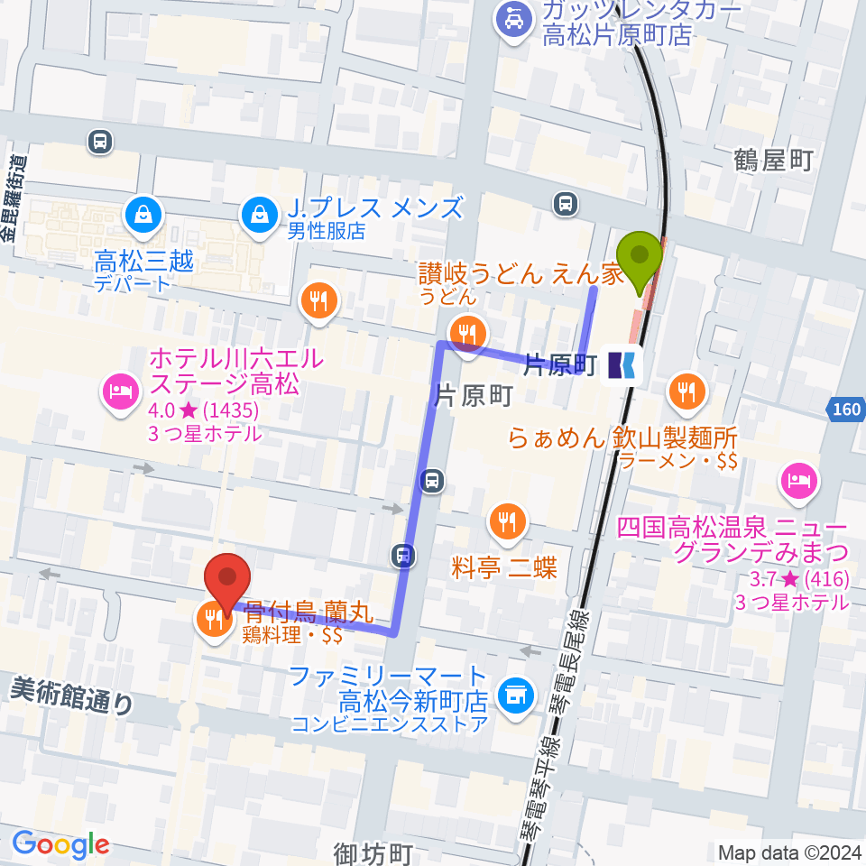 高松RIZIN'の最寄駅片原町駅からの徒歩ルート（約5分）地図