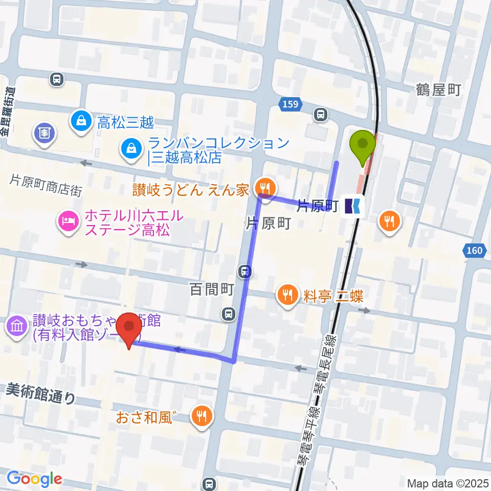 高松RIZIN'の最寄駅片原町駅からの徒歩ルート（約5分）地図