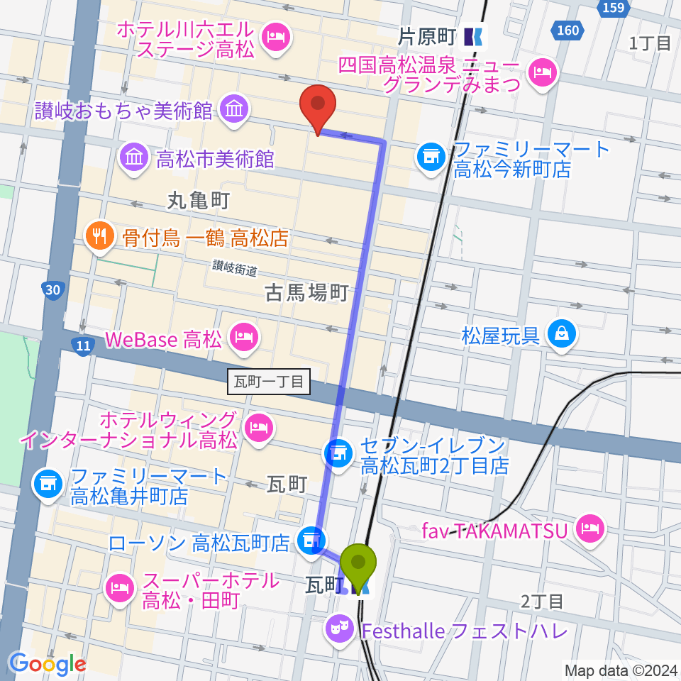 瓦町駅から高松RIZIN'へのルートマップ地図