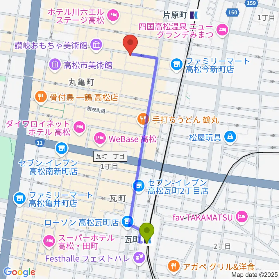瓦町駅から高松RIZIN'へのルートマップ地図
