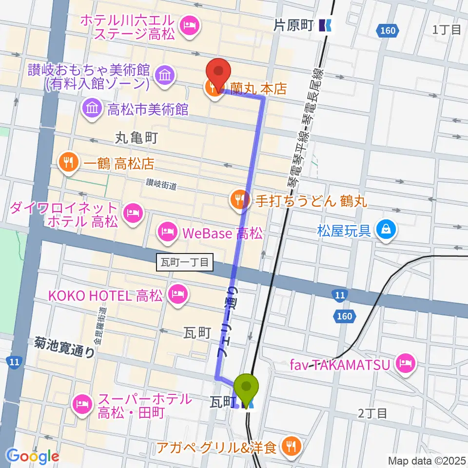 瓦町駅から高松RIZIN'へのルートマップ地図