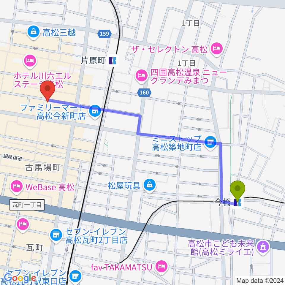 今橋駅から高松RIZIN'へのルートマップ地図