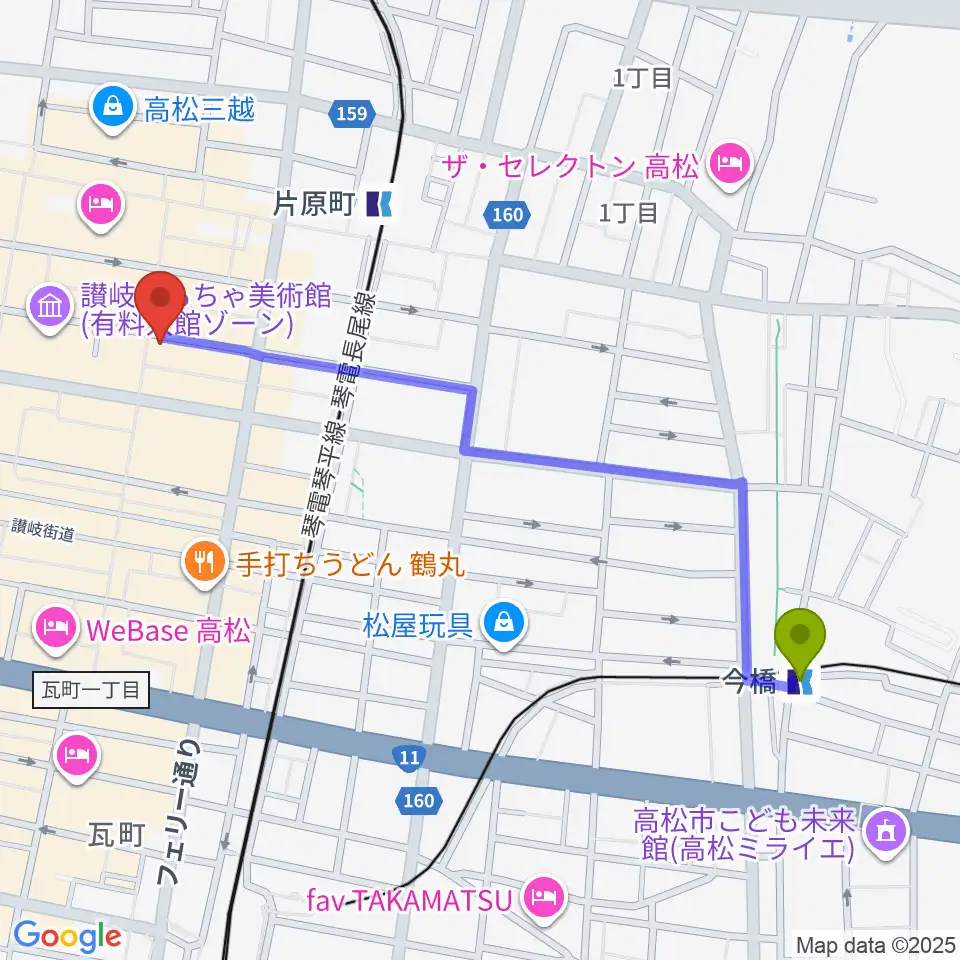 今橋駅から高松RIZIN'へのルートマップ地図