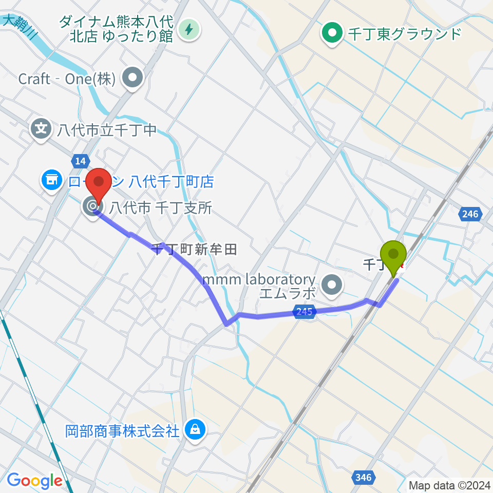 八代市公民館の最寄駅千丁駅からの徒歩ルート（約20分）地図