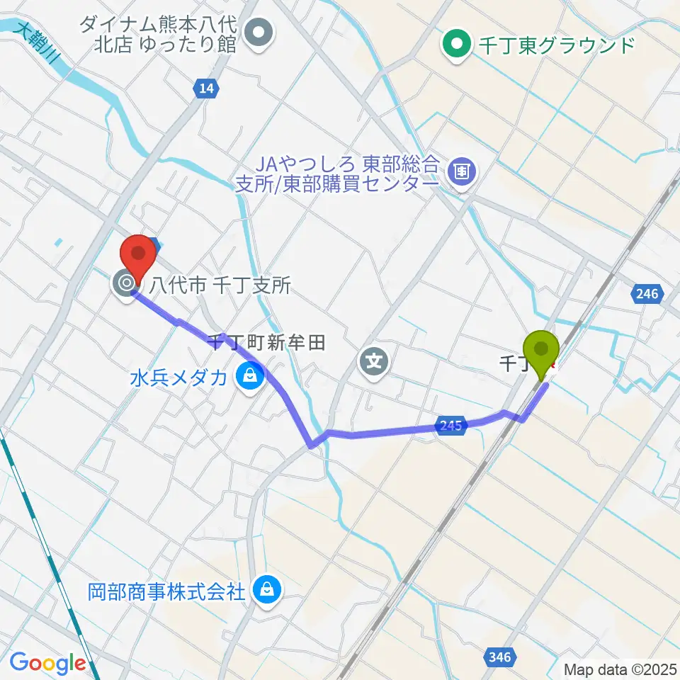 八代市公民館の最寄駅千丁駅からの徒歩ルート（約20分）地図