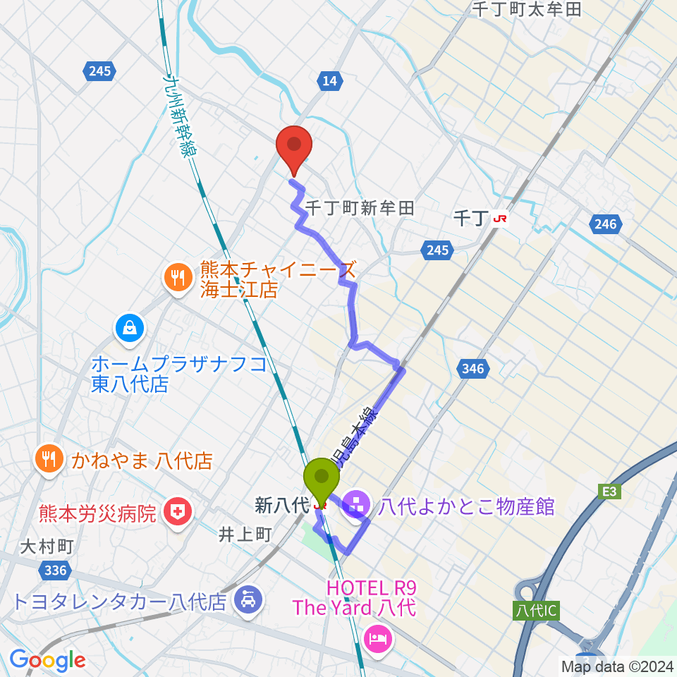 新八代駅から八代市公民館へのルートマップ地図