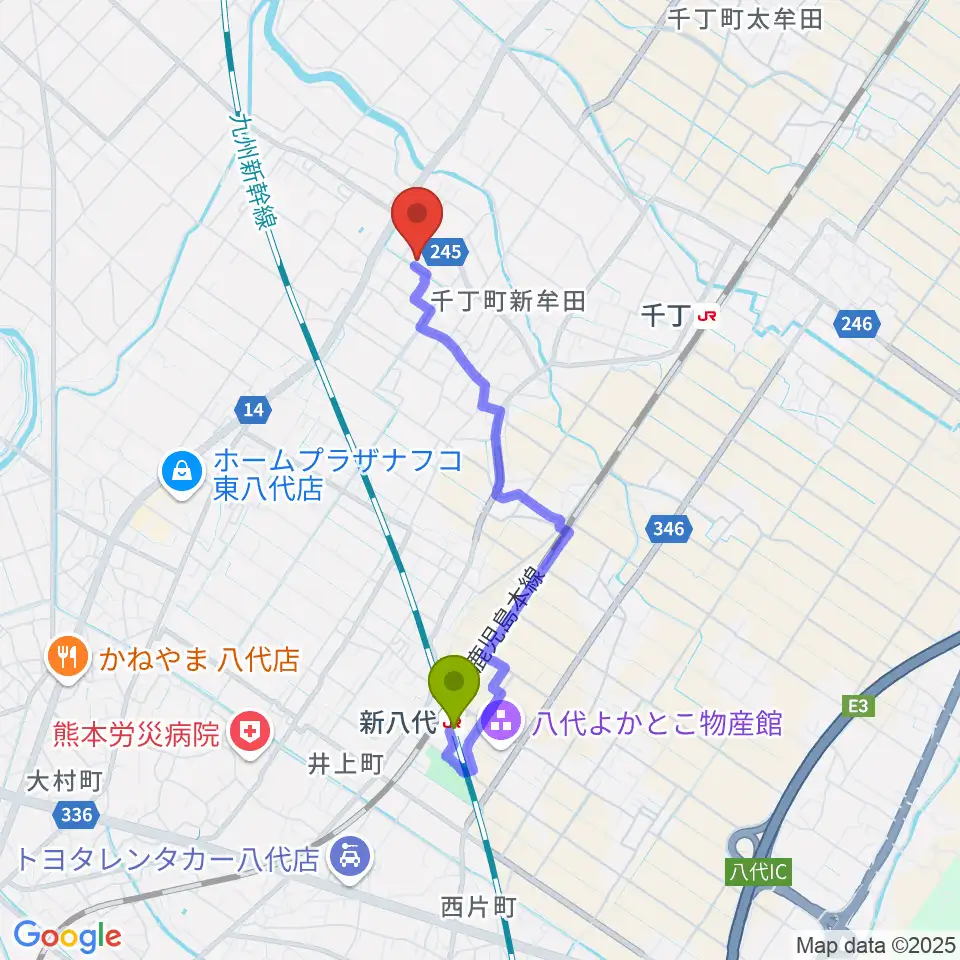 新八代駅から八代市公民館へのルートマップ地図