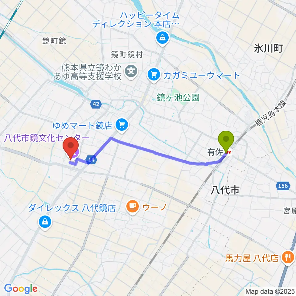 八代市鏡文化センターの最寄駅有佐駅からの徒歩ルート（約34分）地図