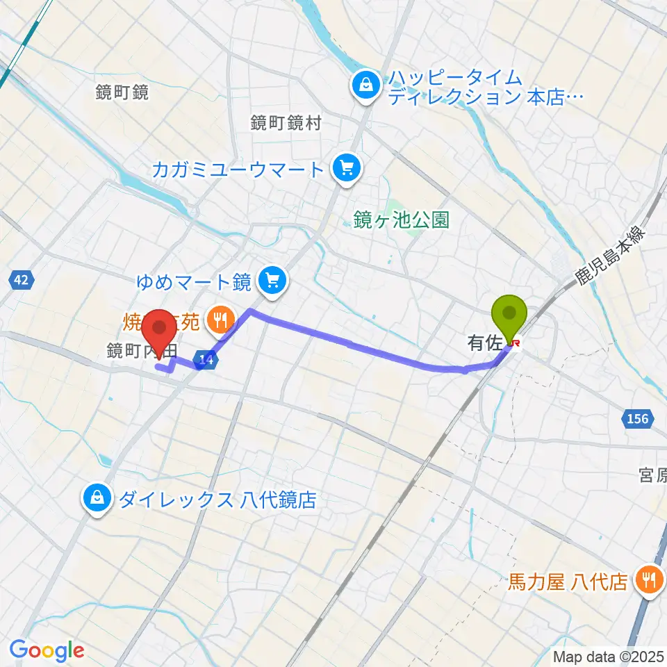 八代市鏡文化センターの最寄駅有佐駅からの徒歩ルート（約34分）地図