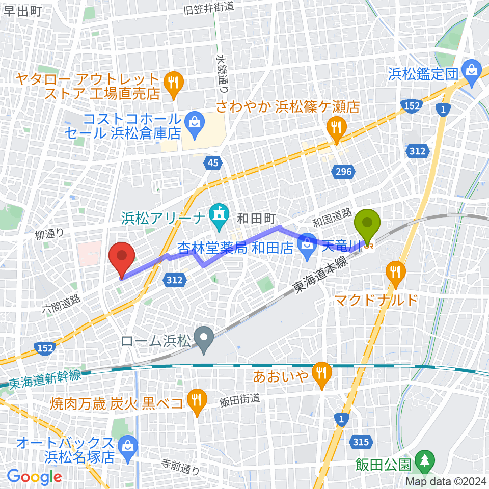 将監ハルソニックスタジオの最寄駅天竜川駅からの徒歩ルート（約32分）地図