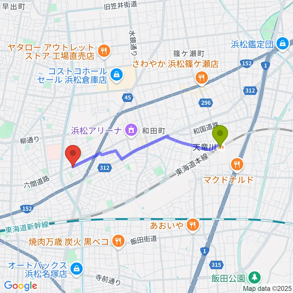 将監ハルソニックスタジオの最寄駅天竜川駅からの徒歩ルート（約32分）地図