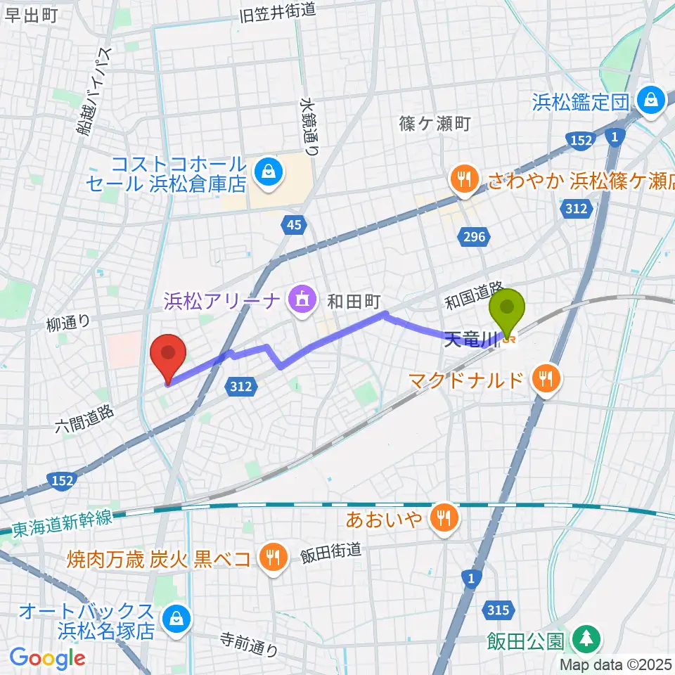 将監ハルソニックスタジオの最寄駅天竜川駅からの徒歩ルート（約32分）地図