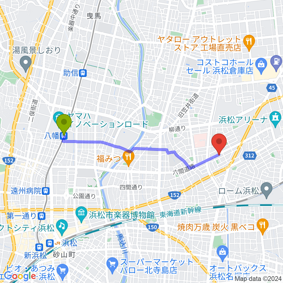 八幡駅から将監ハルソニックスタジオへのルートマップ地図