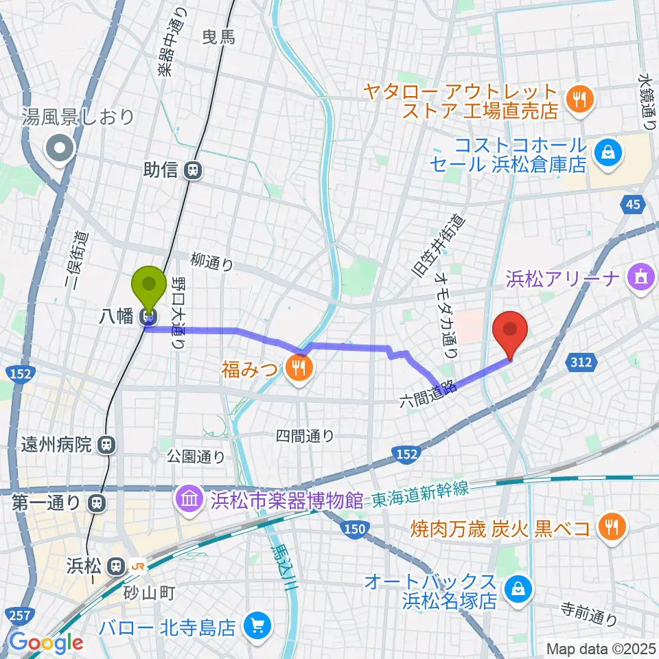 八幡駅から将監ハルソニックスタジオへのルートマップ地図