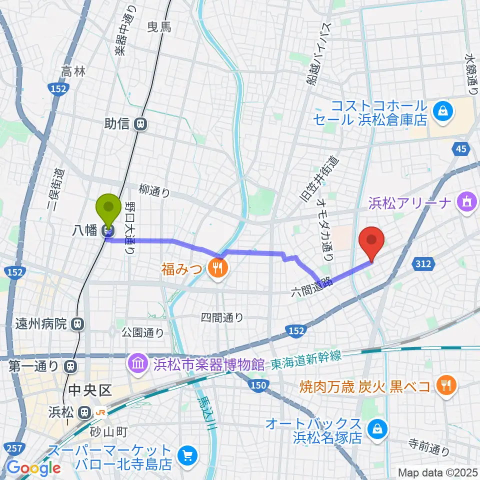 八幡駅から将監ハルソニックスタジオへのルートマップ地図