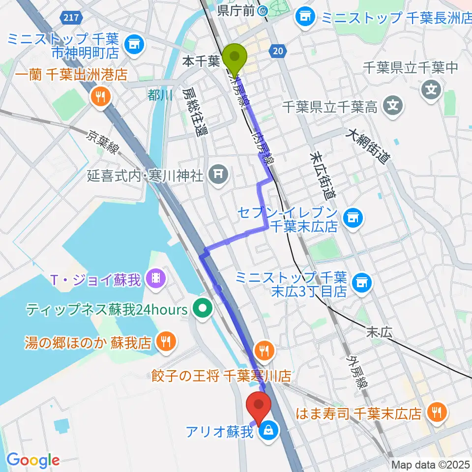 本千葉駅からタワーレコード アリオモール蘇我店へのルートマップ地図