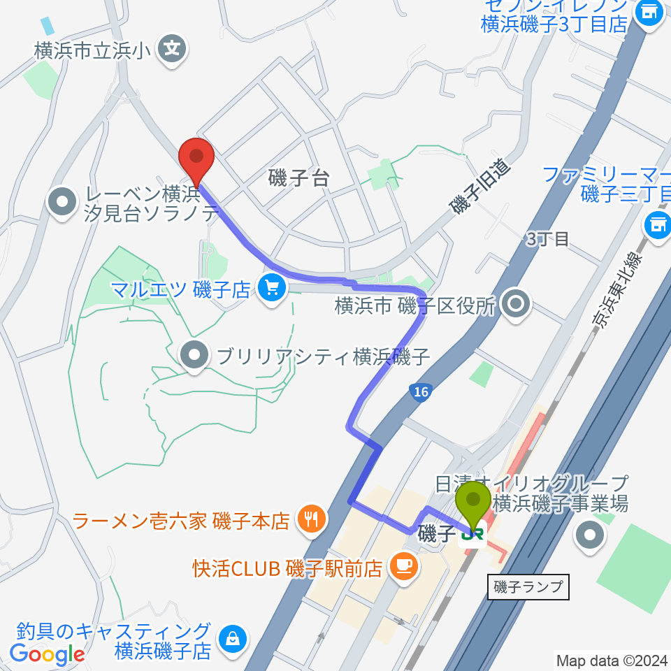 多治川ギタースクール横浜磯子教室の最寄駅磯子駅からの徒歩ルート（約10分）地図