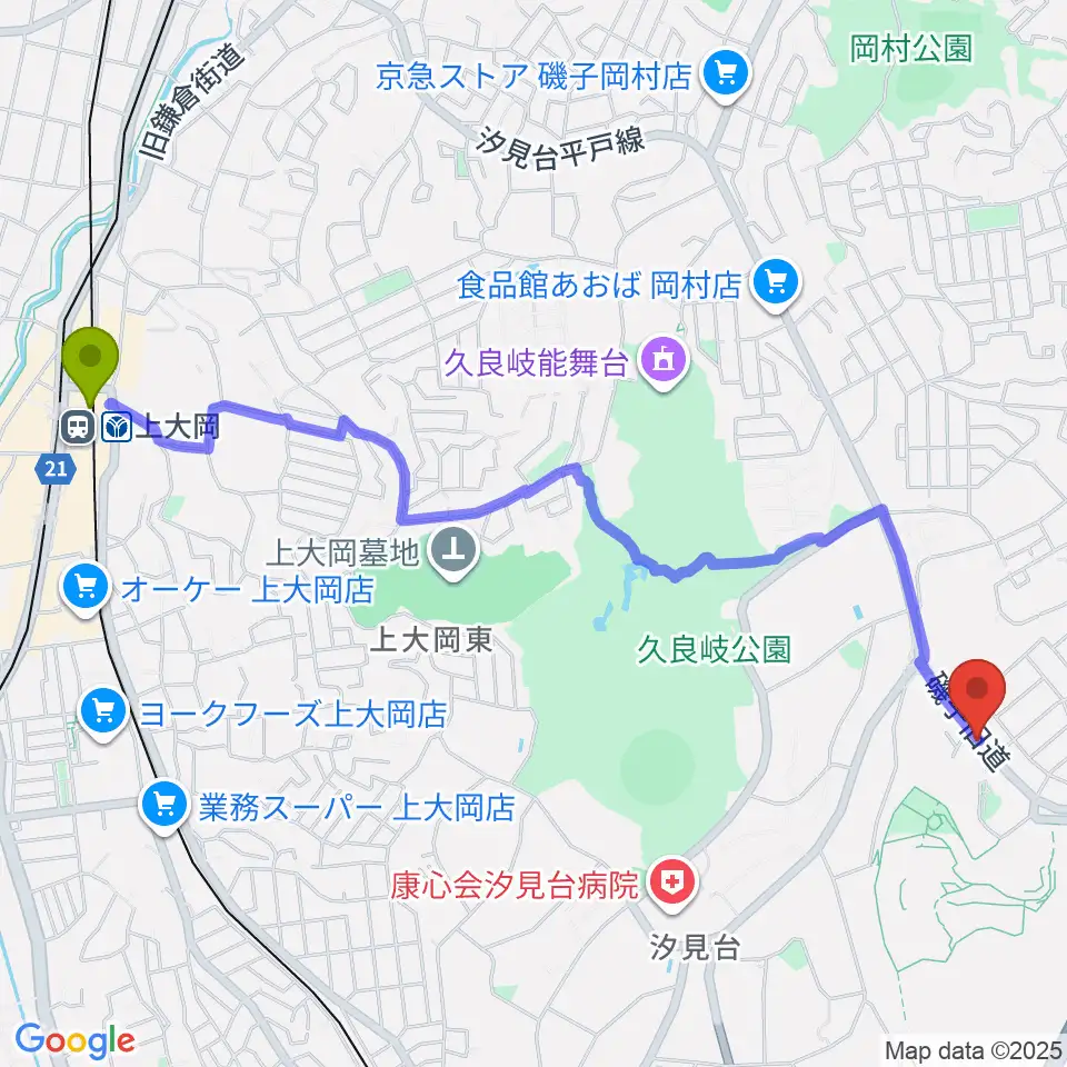 上大岡駅から多治川ギタースクール横浜磯子教室へのルートマップ地図