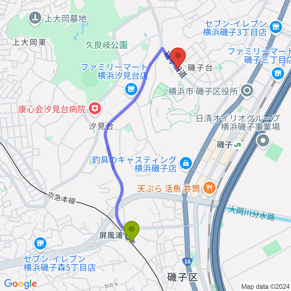 屏風浦駅から多治川ギタースクール横浜磯子教室へのルートマップ地図