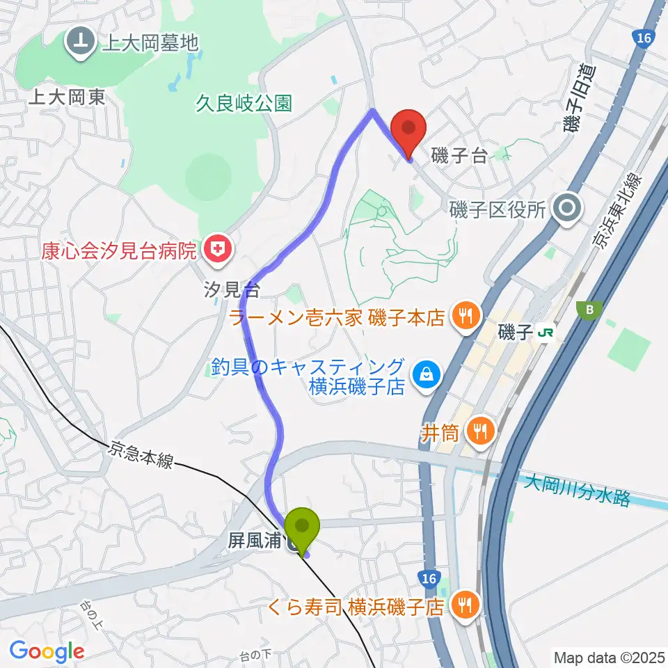 屏風浦駅から多治川ギタースクール横浜磯子教室へのルートマップ地図
