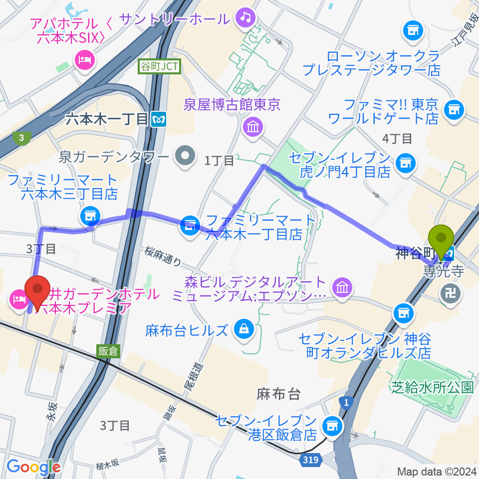 神谷町駅から六本木クラップスへのルートマップ地図